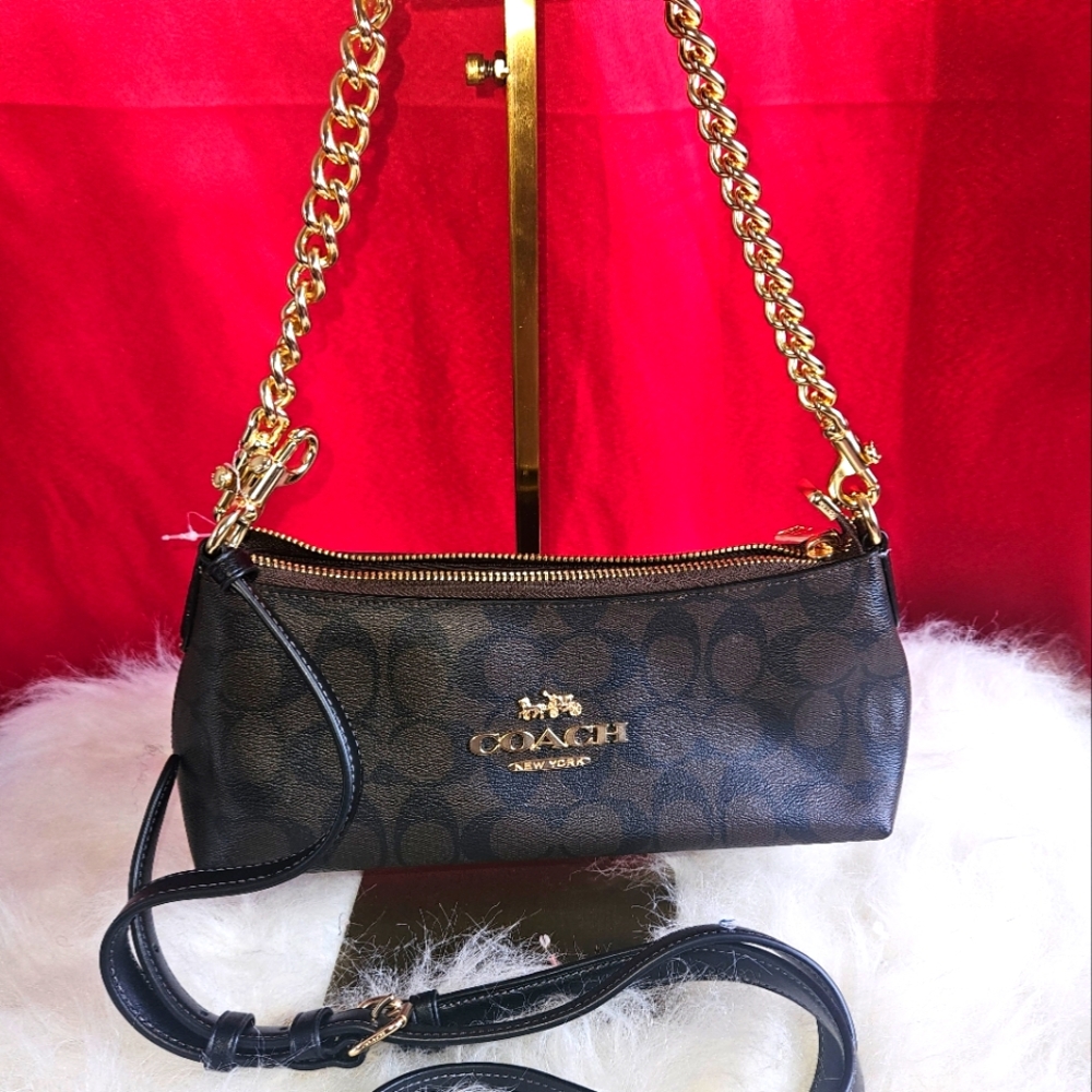 Coach Charlotte Brown/Black and Gold Crossbody Shoulder Bag Signature Style